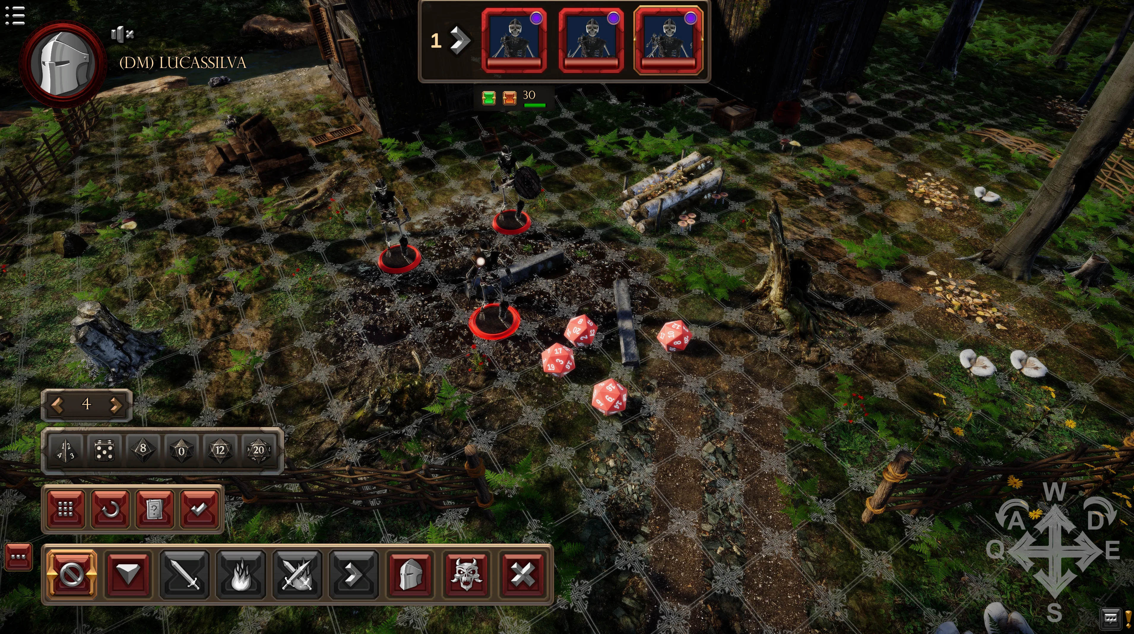 Grid de combate com personagens e dados em Erderon